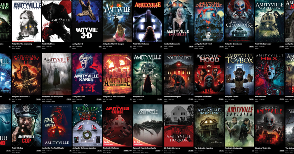 A view of the over 20 Amityville movies currently available on Tubi